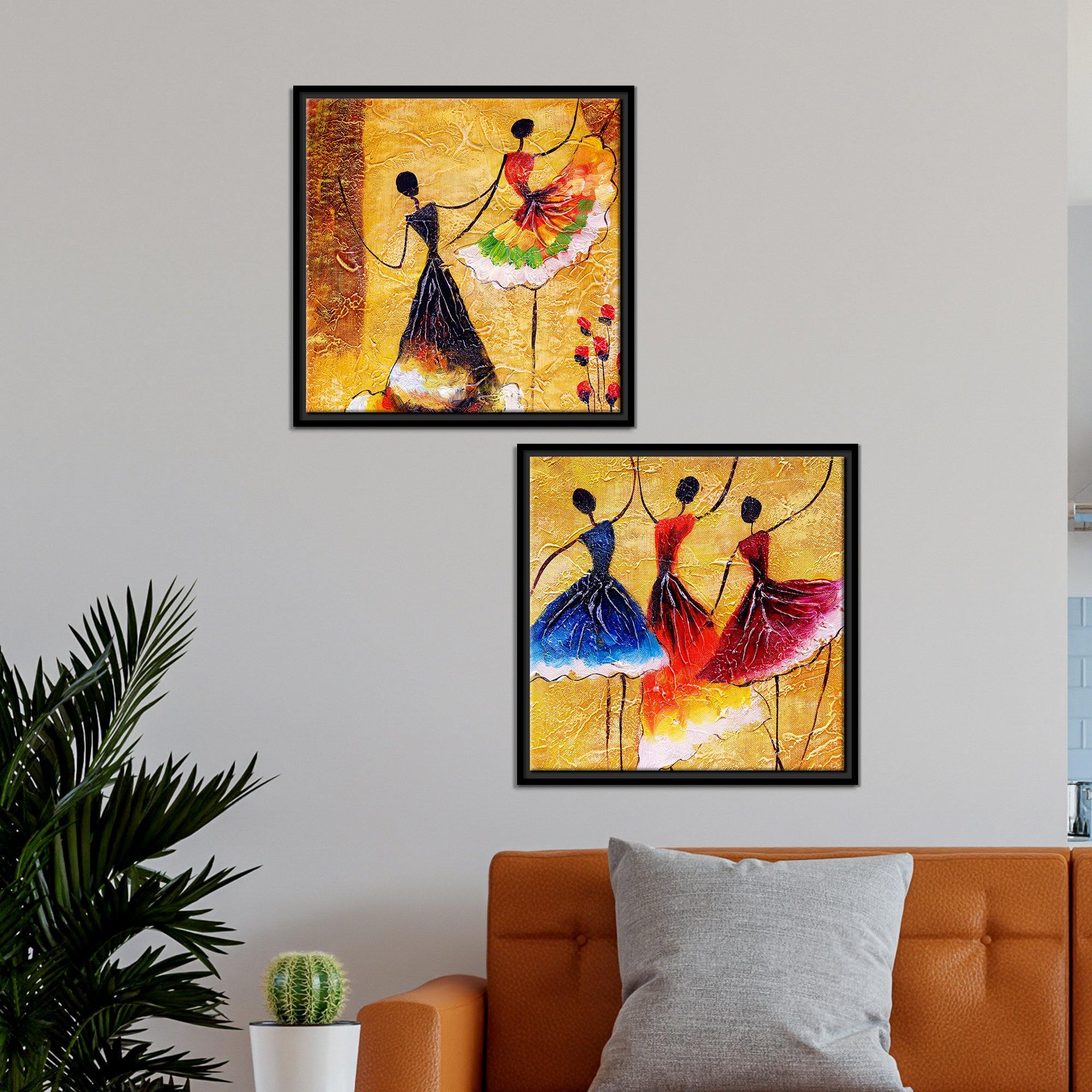Dancing Women Warli Art Canvas Wall Painting of 2 Pieces Floating Frame - Image 4