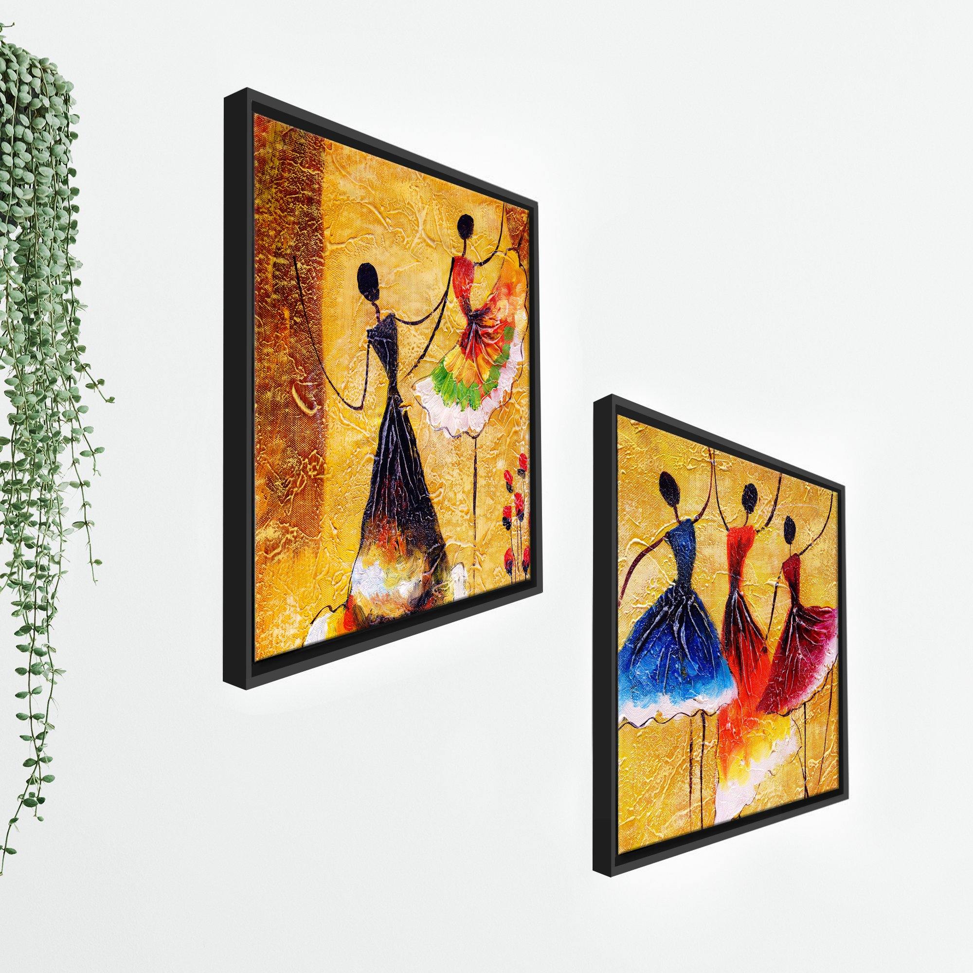 Dancing Women Warli Art Canvas Wall Painting of 2 Pieces Floating Frame - Image 7