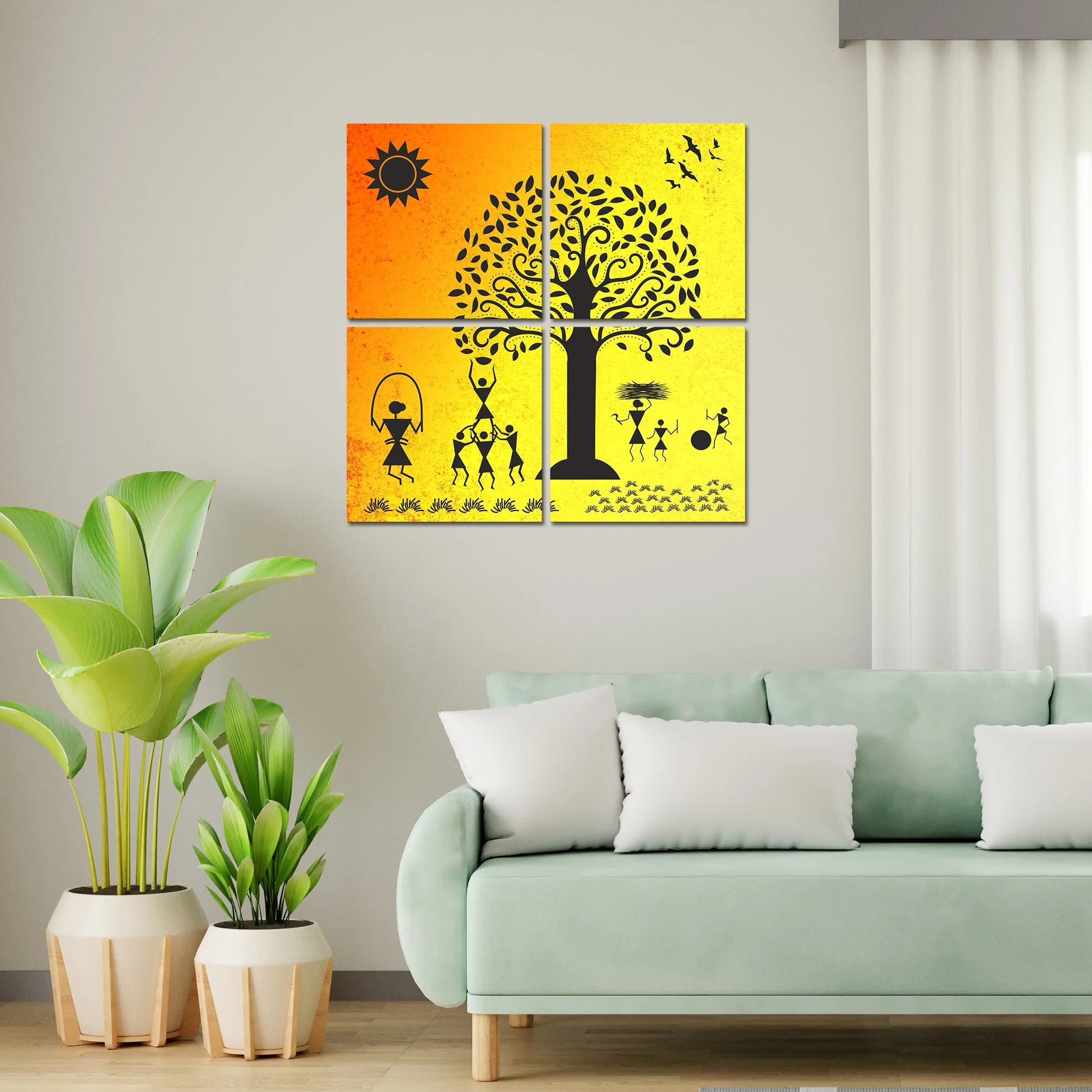 Warli Art Village Wall Hanging Painting, 4 Pieces - Image 3