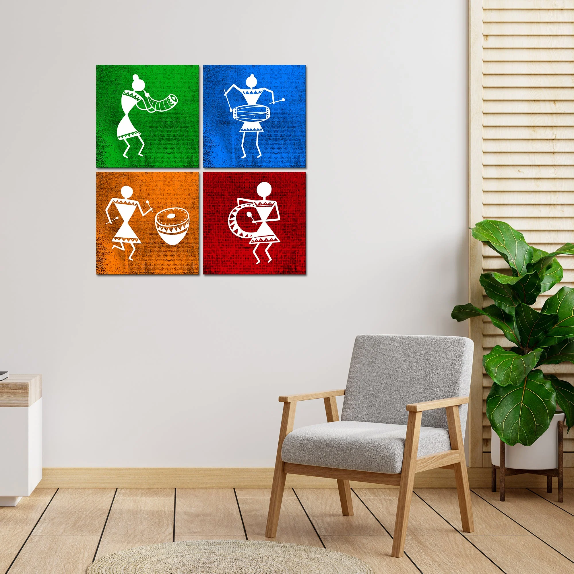 Warli Art Wall Hanging Painting, Set of Four Panels - Image 2