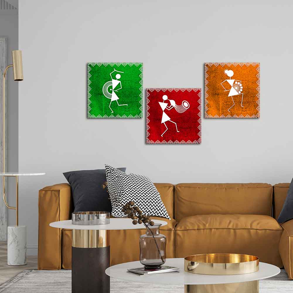 Warli Art Wall Hanging Painting, Set of Three Panels - Image 2