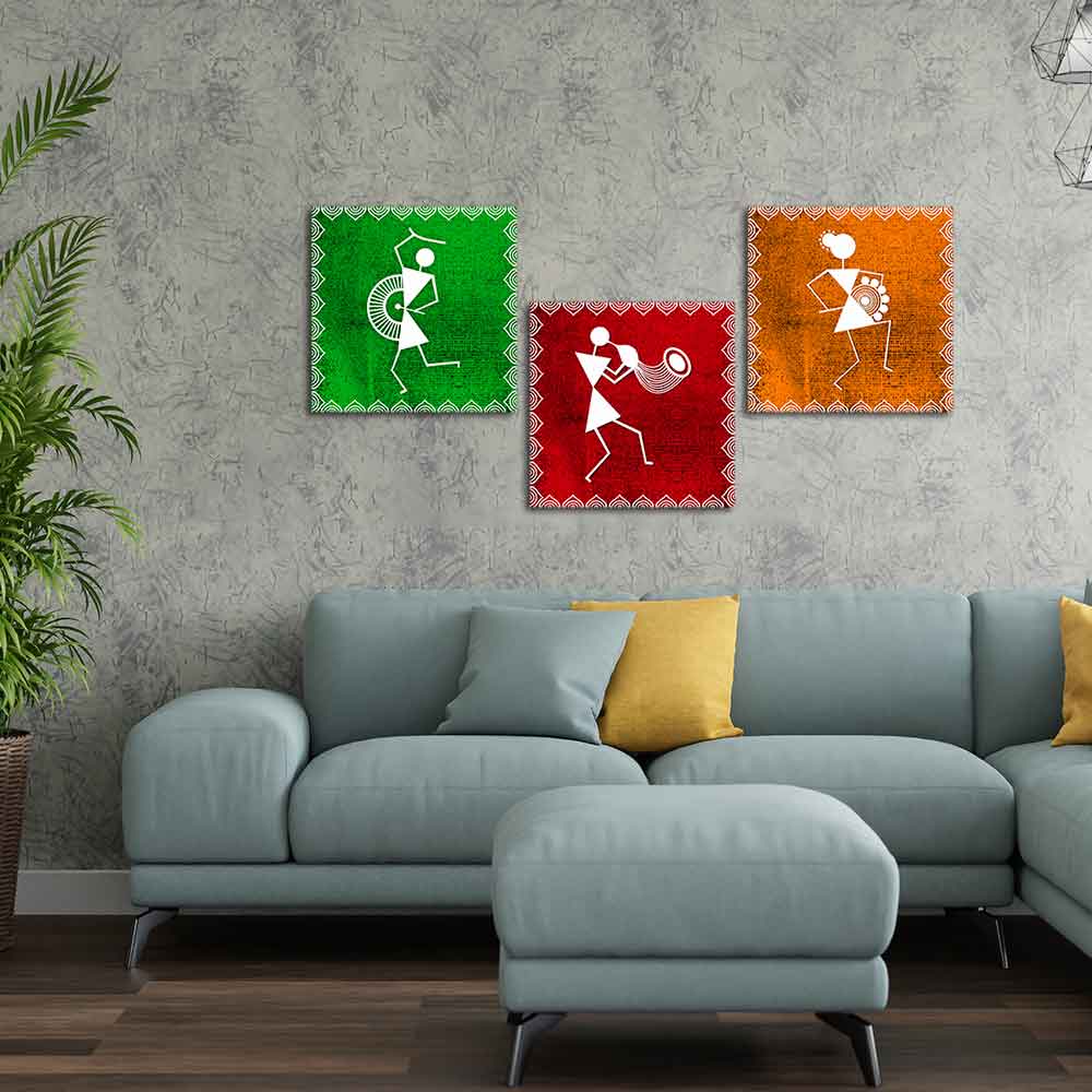 Warli Art Wall Hanging Painting, Set of Three Panels - Image 3