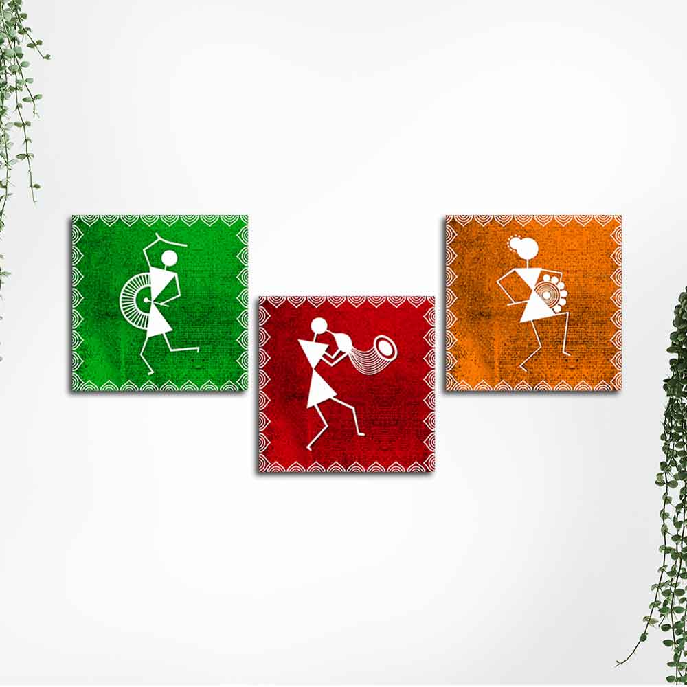 Warli Art Wall Hanging Painting, Set of Three Panels - Image 5