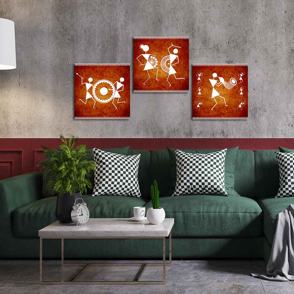 Warli Folk Art Wall Hanging Painting Set of Three - Image 2