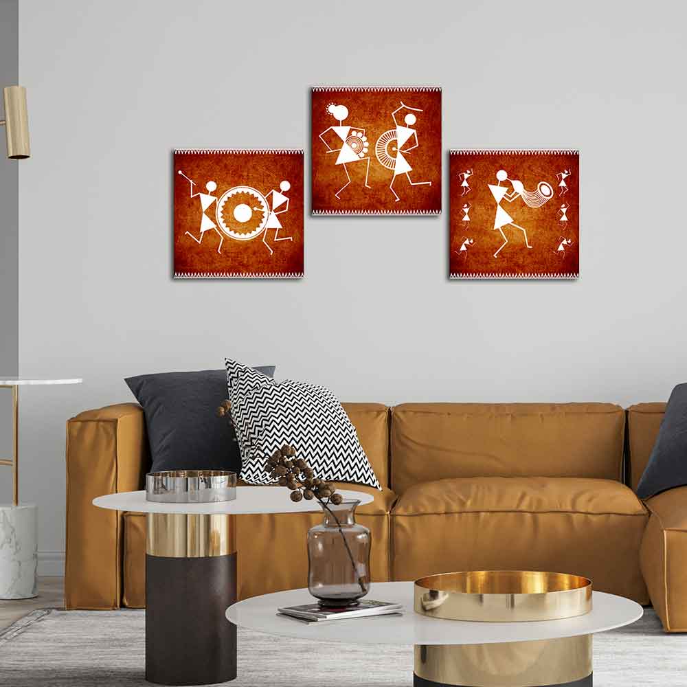 Warli Folk Art Wall Hanging Painting Set of Three - Image 3
