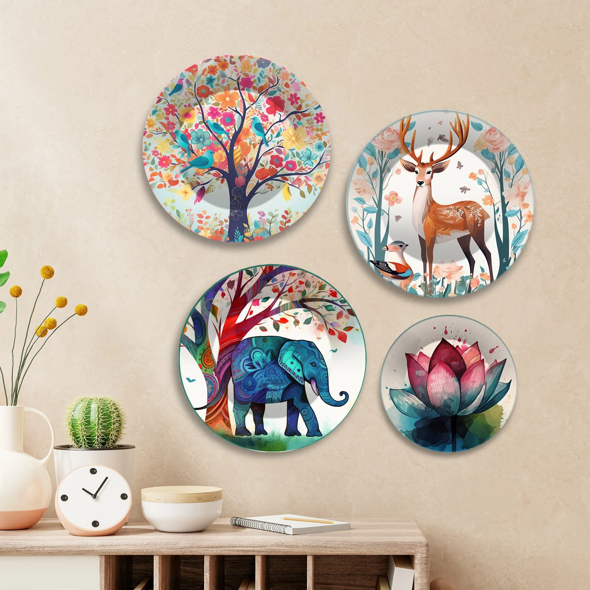Watercolor Art of Deer and Elephant Wall Plates Painting Set of Four - Image 2
