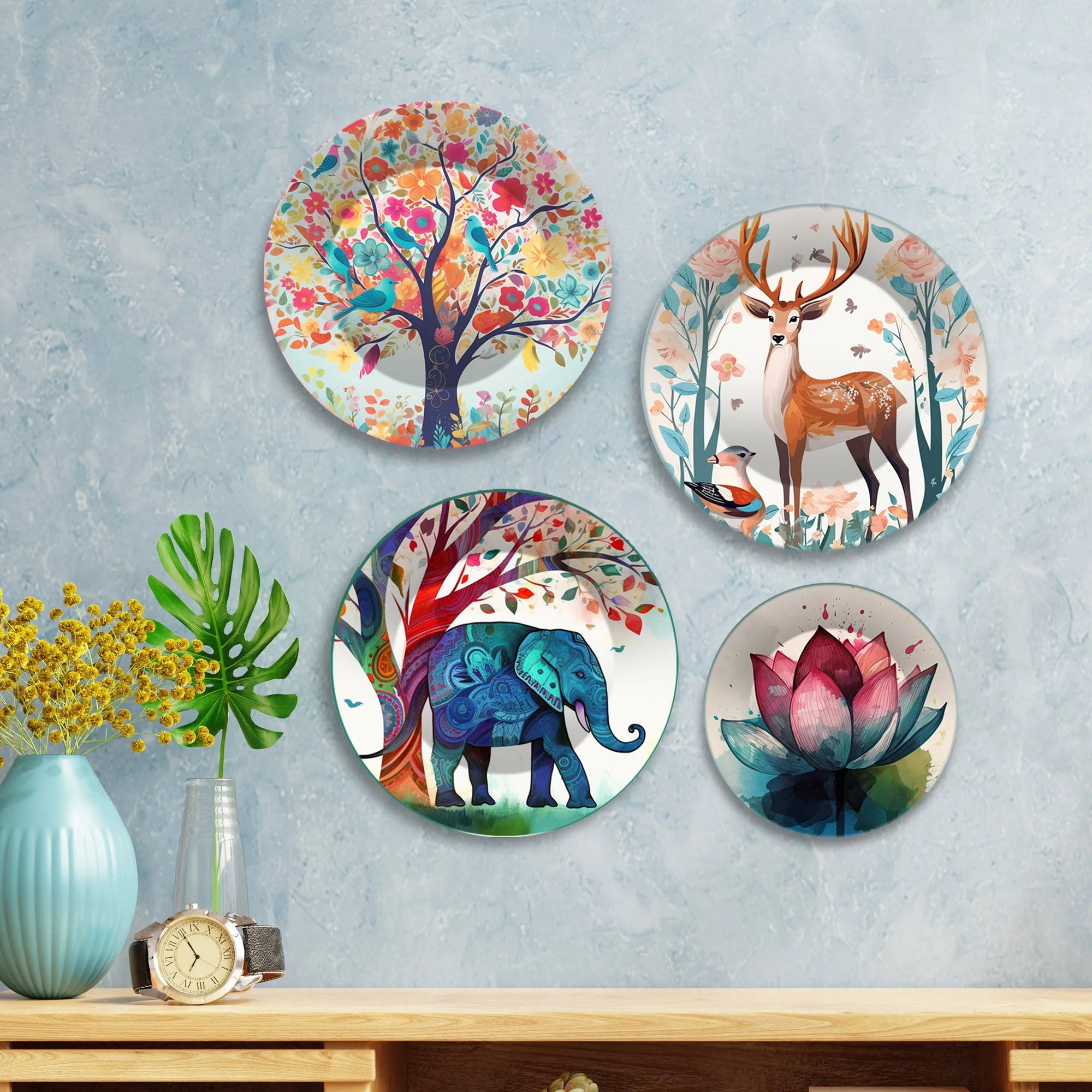 Watercolor Art of Deer and Elephant Wall Plates Painting Set of Four - Image 3