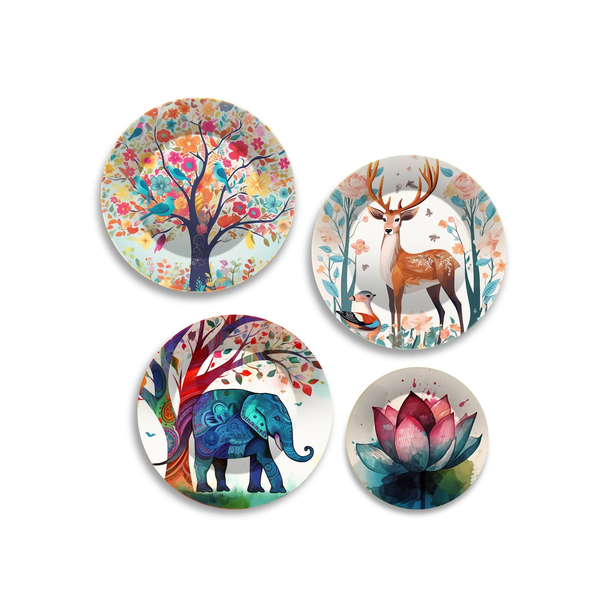 Watercolor Art of Deer and Elephant Wall Plates Painting Set of Four - Image 4