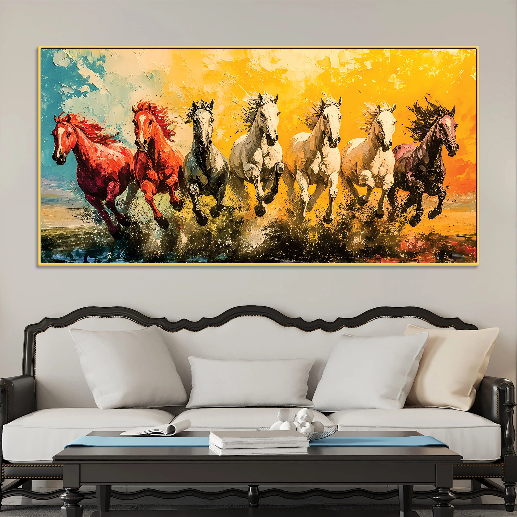 Watercolor Art of Seven Running Horses Wall Painting - Image 2