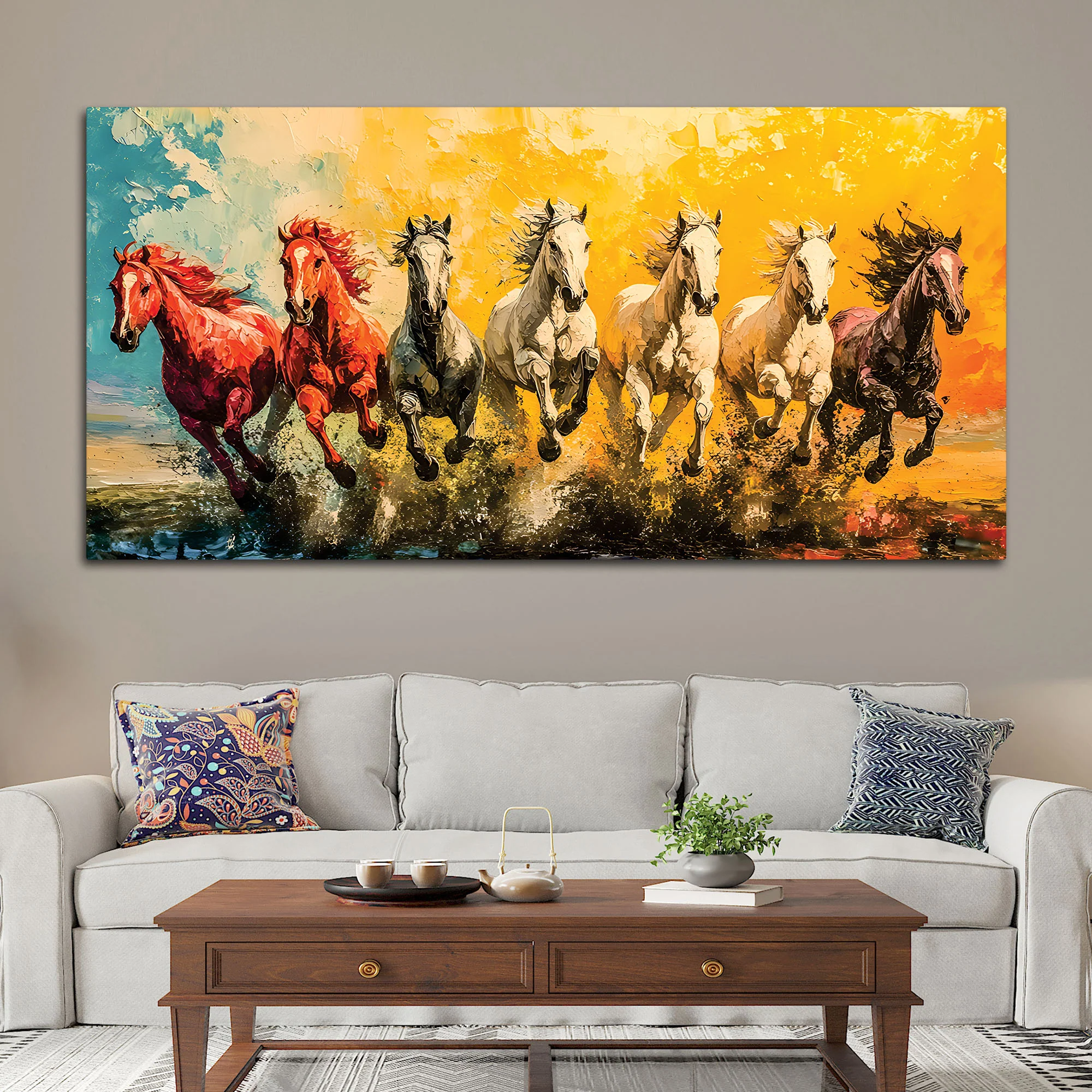 Watercolor Art of Seven Running Horses Wall Painting - Image 3
