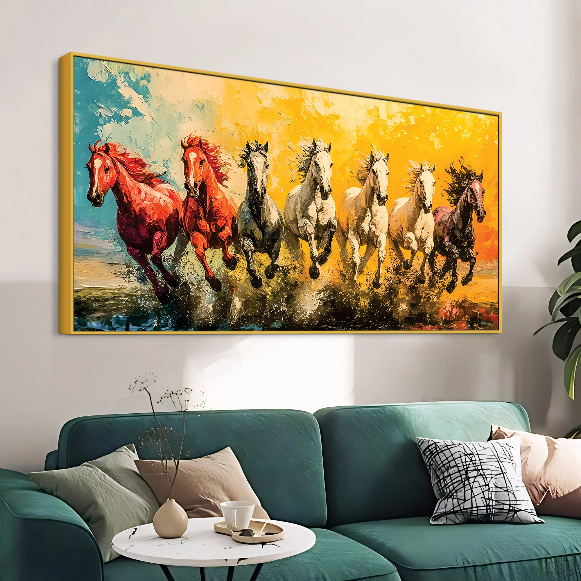 Watercolor Art of Seven Running Horses Wall Painting - Image 4