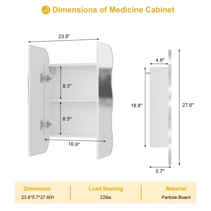 Wave Shape Wall Mirror Cabinet with Storage Shelves Inside - Image 5
