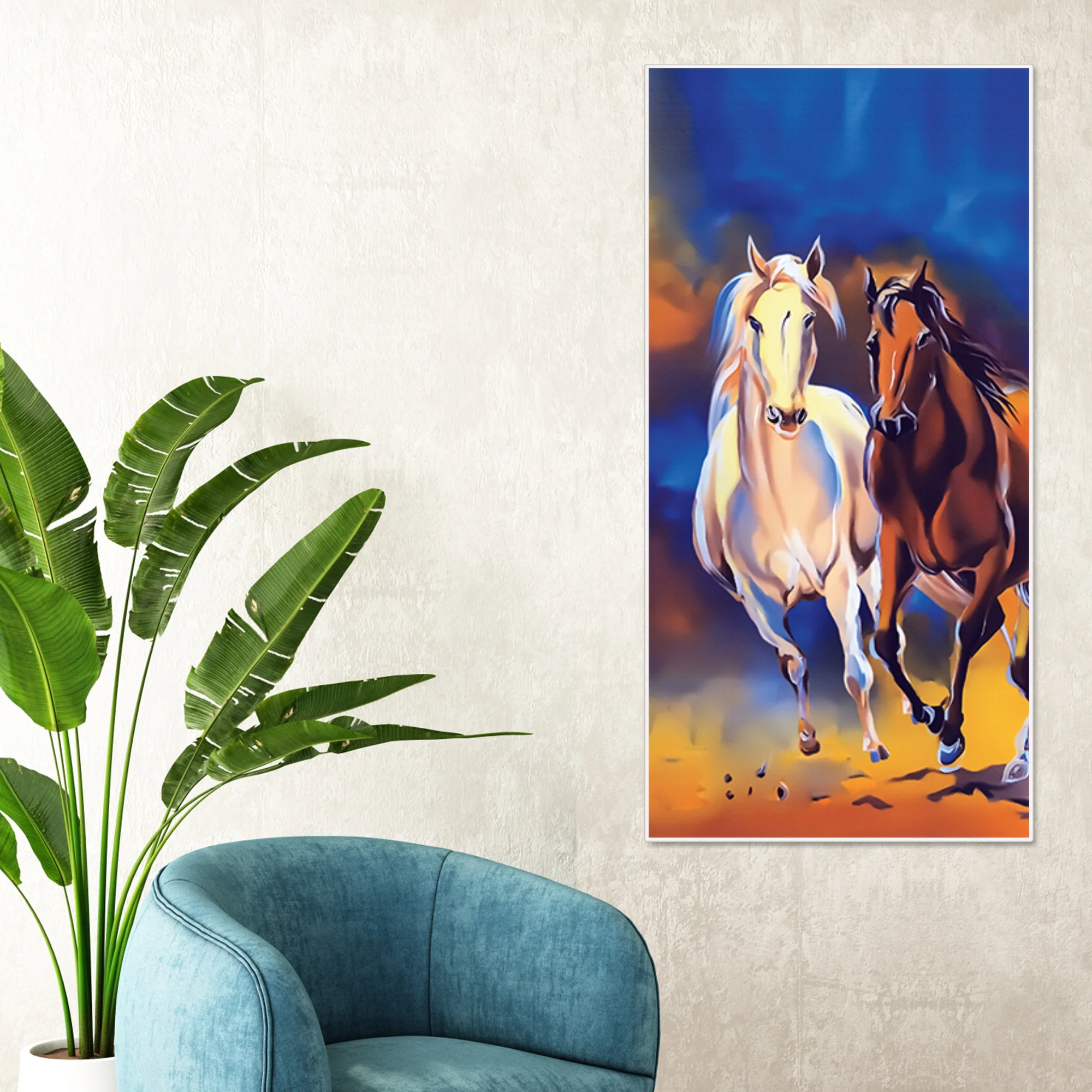 White & Brown Horse Running Canvas Wall Hanging Painting - Image 2