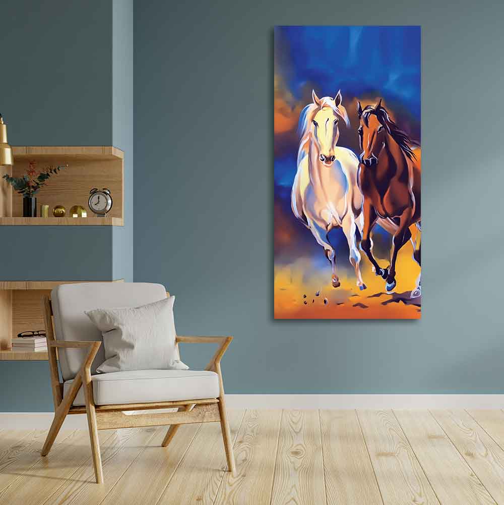 White & Brown Horse Running Canvas Wall Hanging Painting - Image 4