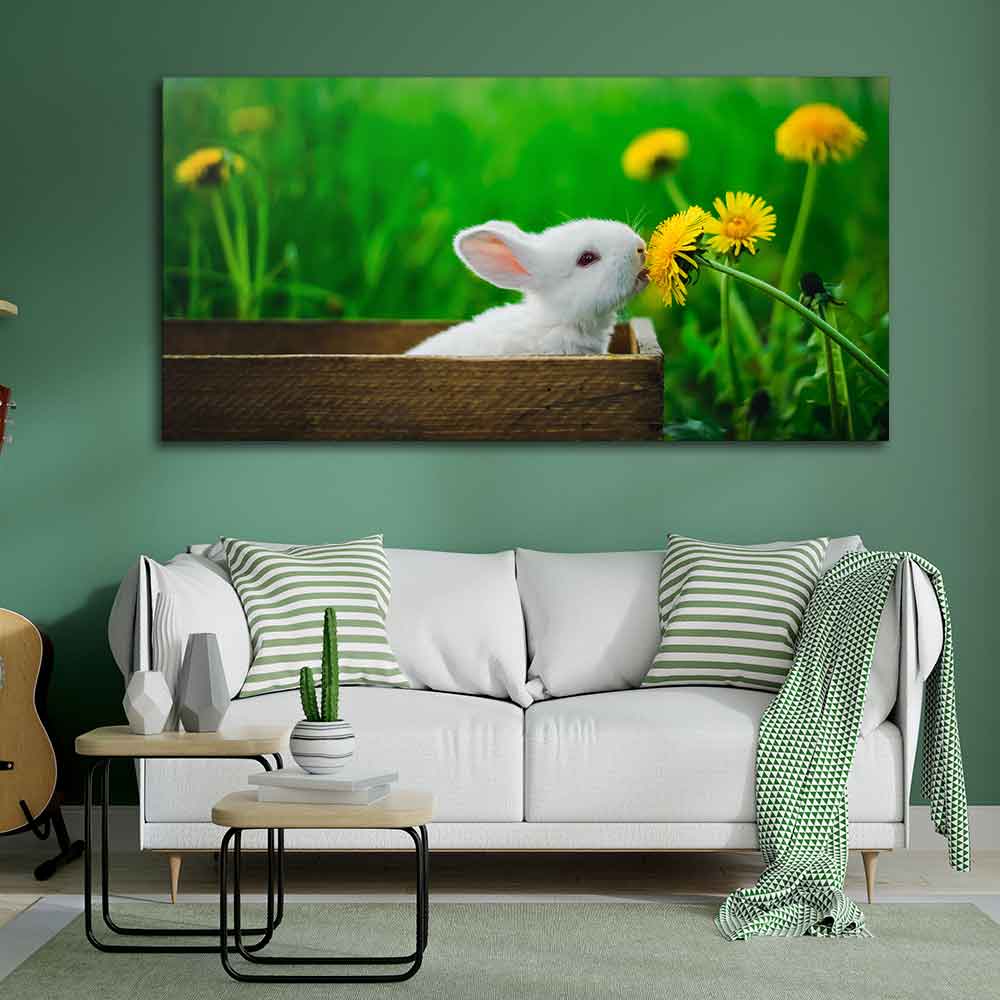 White Bunny in Yellow Flowers Garden Canvas Wall Painting - Image 2