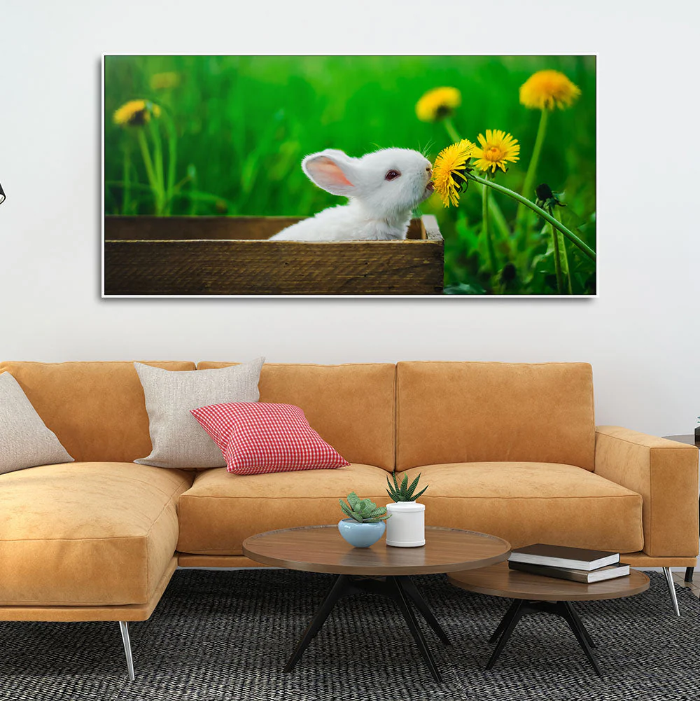 White Bunny in Yellow Flowers Garden Canvas Wall Painting - Image 3