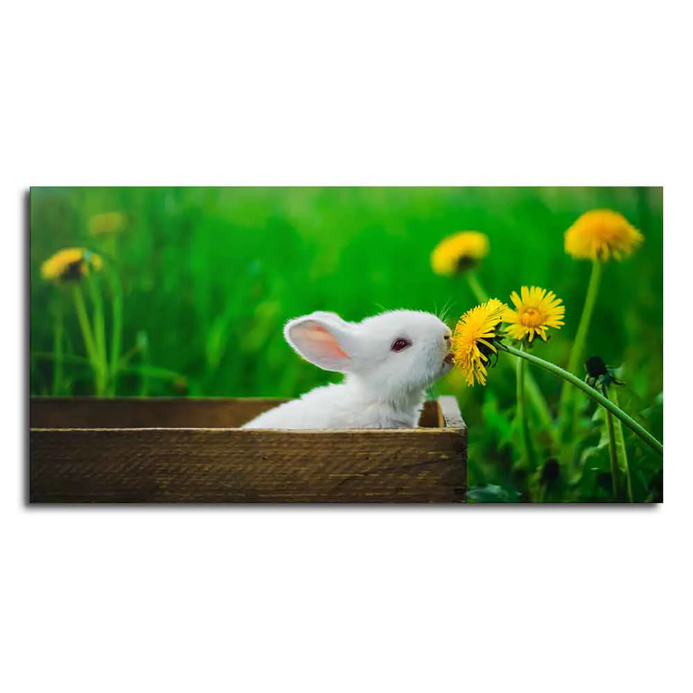 White Bunny in Yellow Flowers Garden Canvas Wall Painting - Image 4