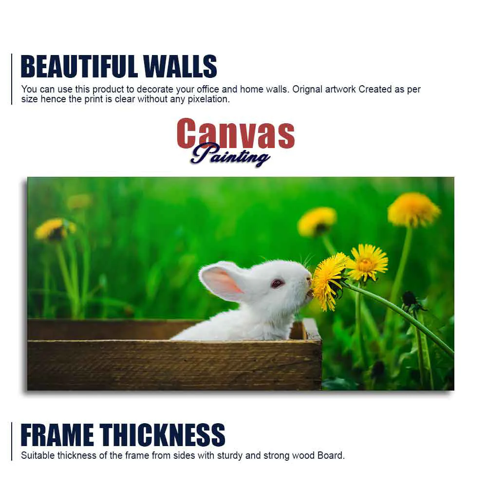 White Bunny in Yellow Flowers Garden Canvas Wall Painting - Image 6