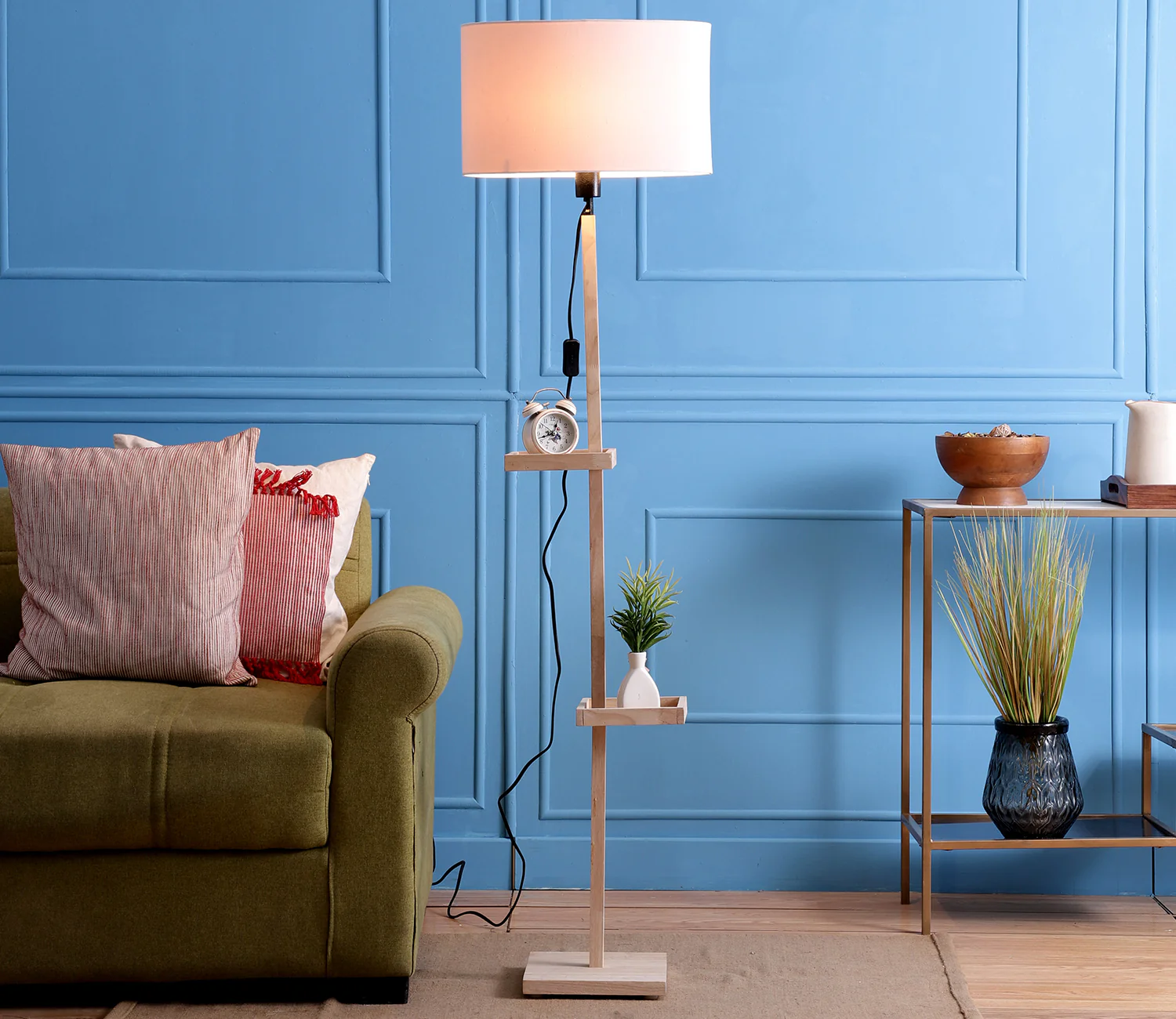 White Fabric Double Shelf Floor Lamp with Natural Solid Wood Color Base - Image 2