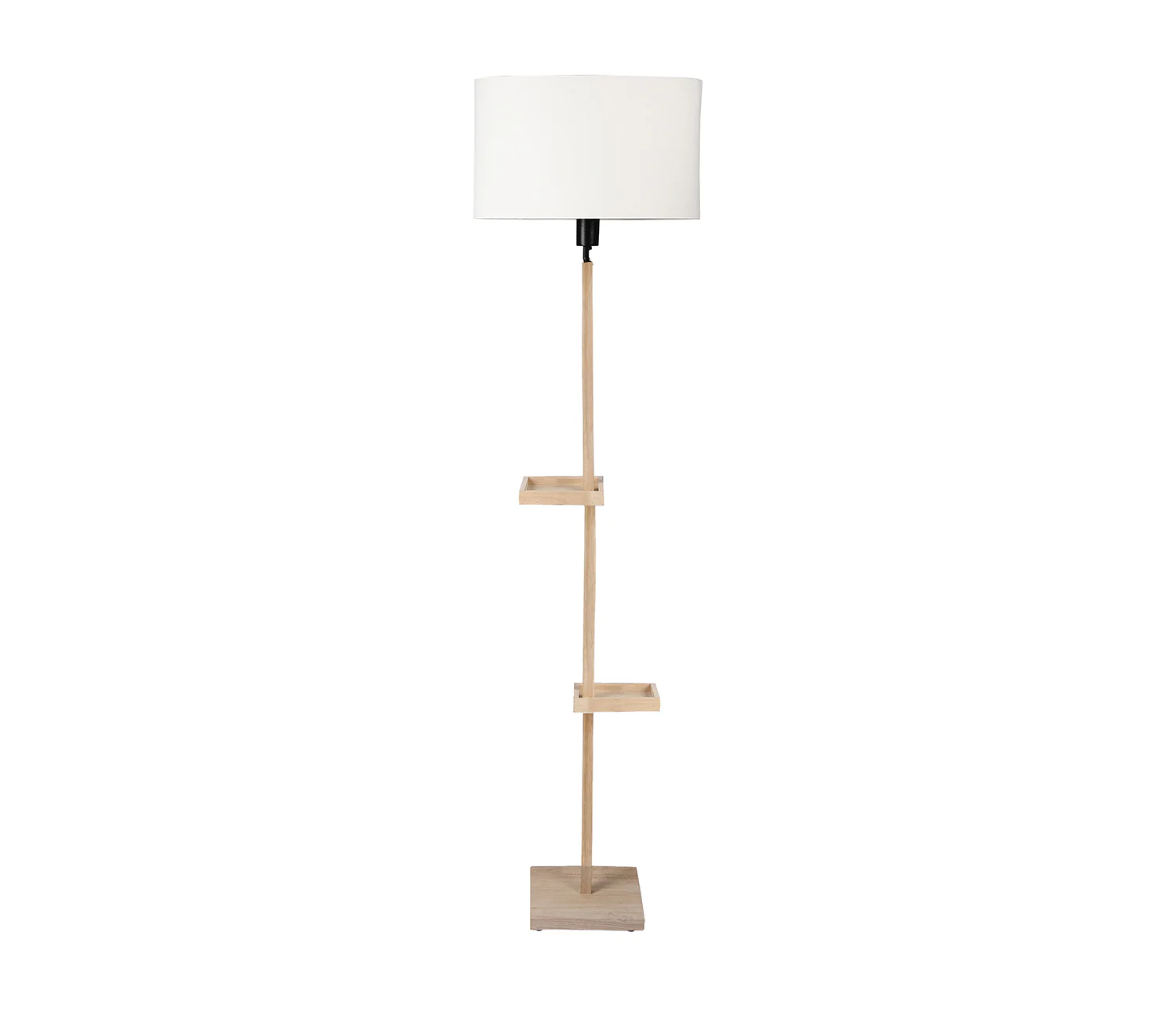 White Fabric Double Shelf Floor Lamp with Natural Solid Wood Color Base - Image 3