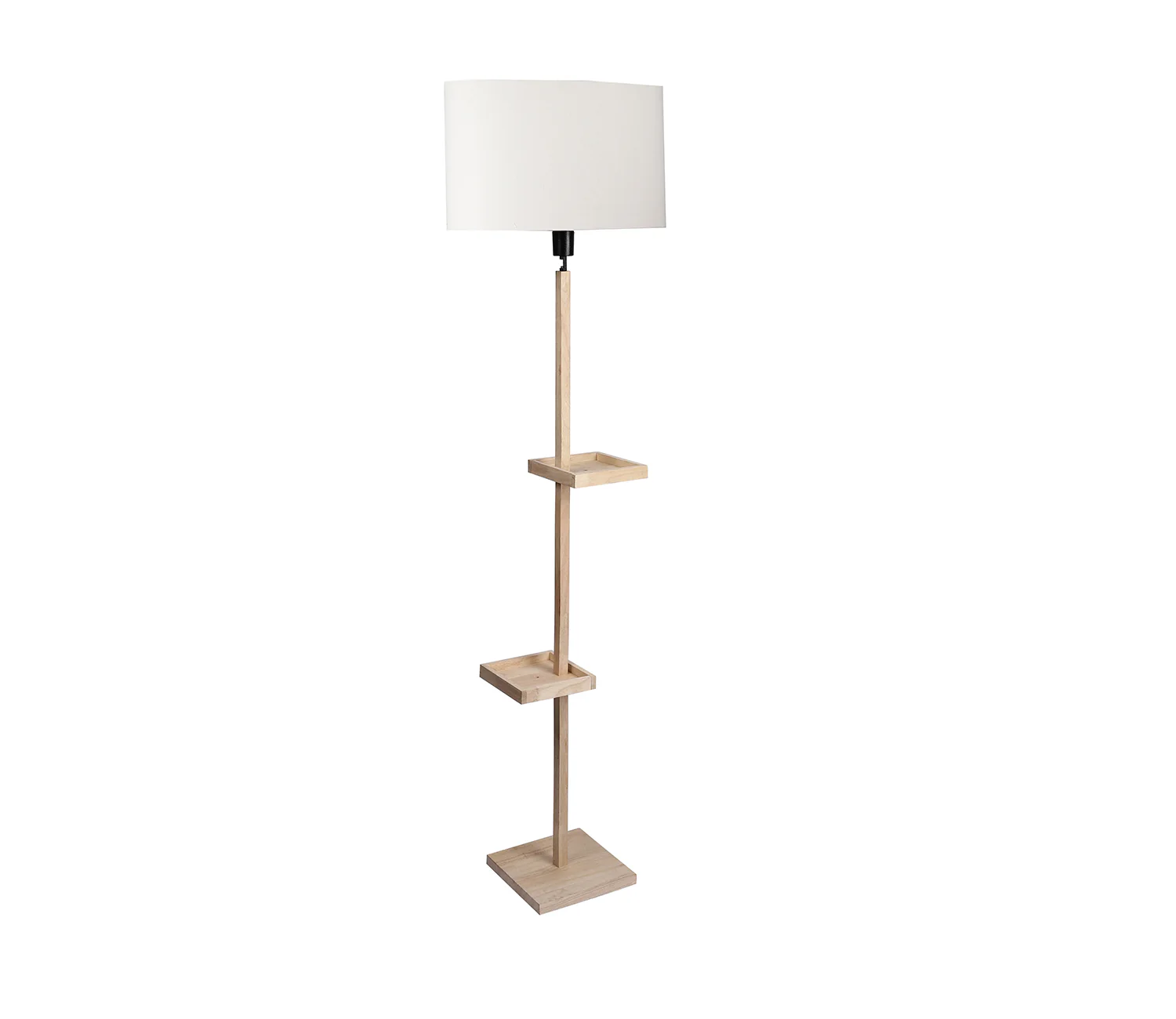 White Fabric Double Shelf Floor Lamp with Natural Solid Wood Color Base - Image 4