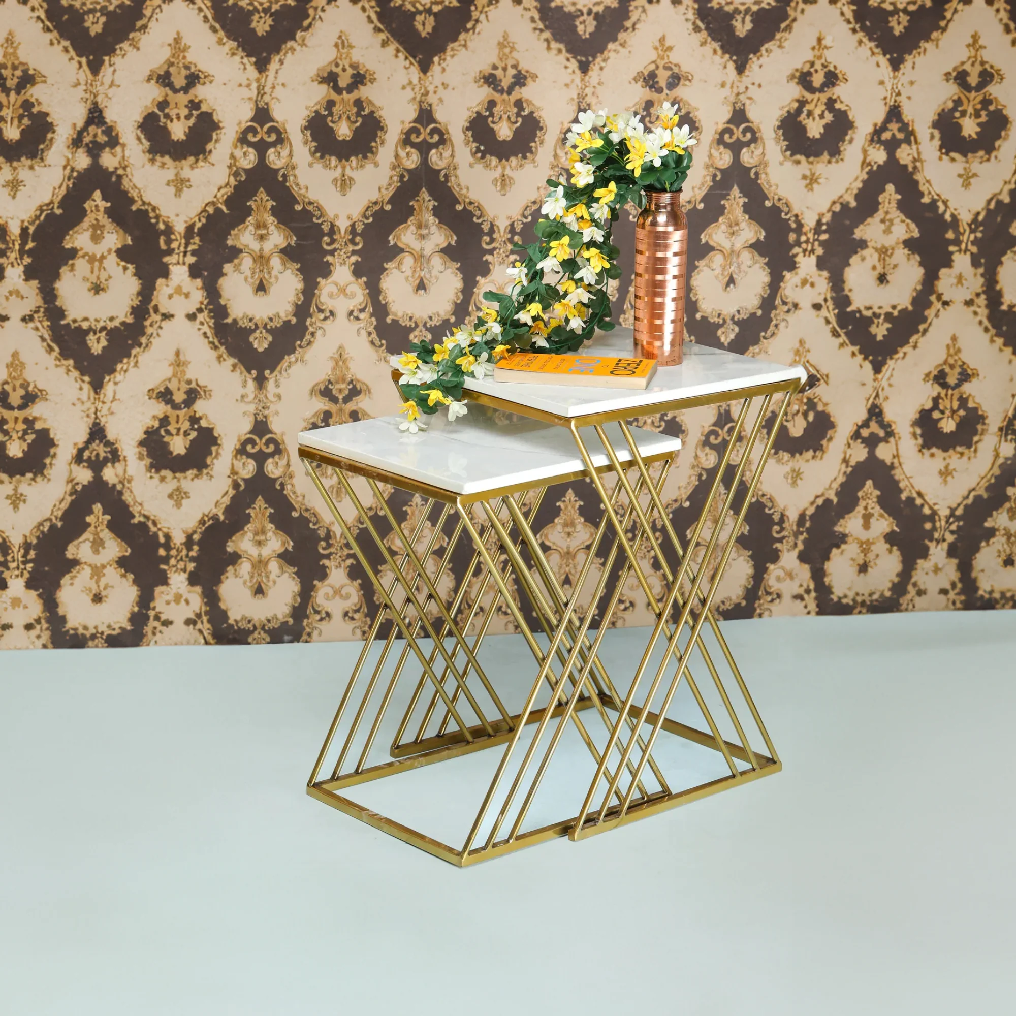 White Marble Golden Iron Stand Side Coffee Table Set of 2 - Image 4