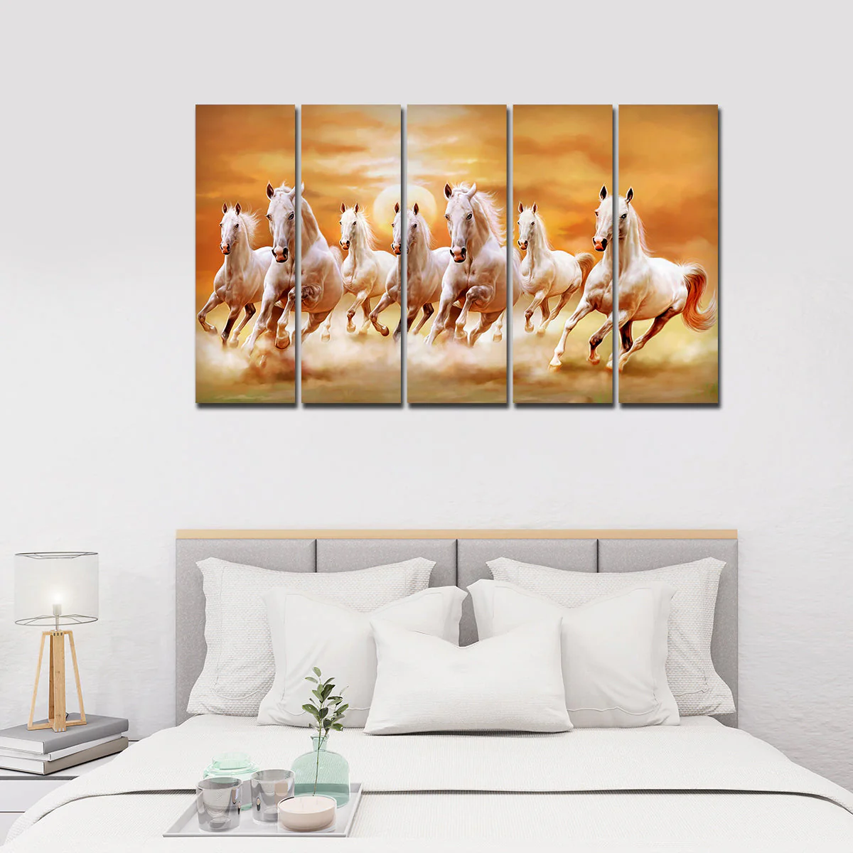 White Running Horses 5 Pieces Canvas Wall Painting - Image 2