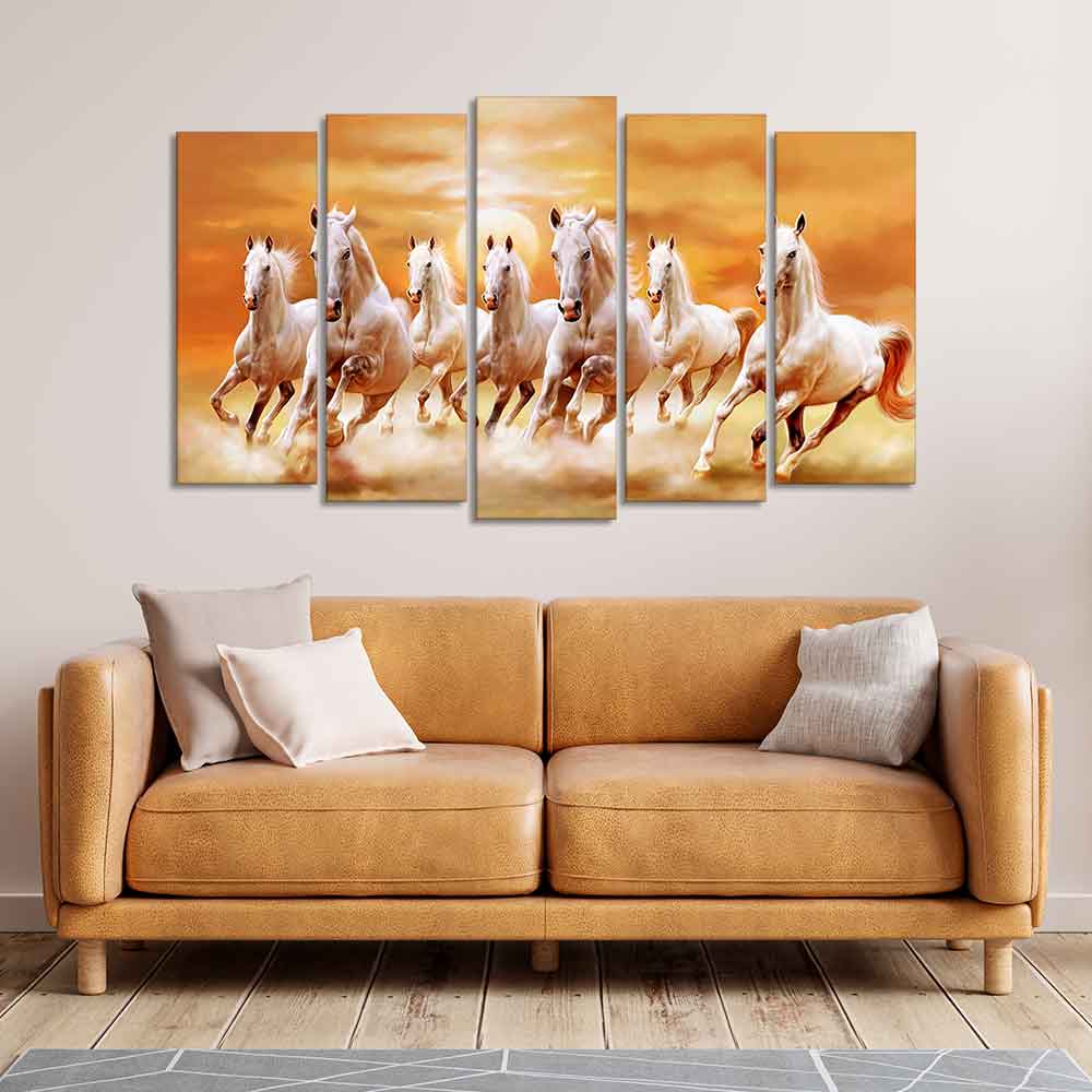 White Running Seven Horses 5 Pieces Premium Wall Painting - Image 3