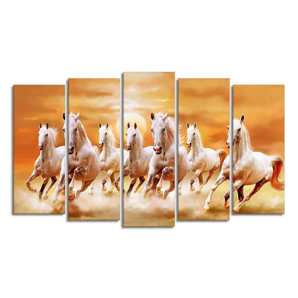 White Running Seven Horses 5 Pieces Premium Wall Painting - Image 4