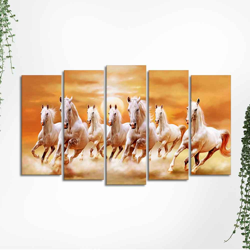 White Running Seven Horses 5 Pieces Premium Wall Painting - Image 5