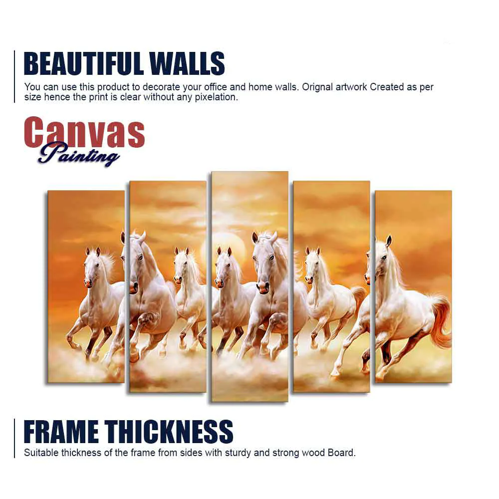 White Running Seven Horses 5 Pieces Premium Wall Painting - Image 6