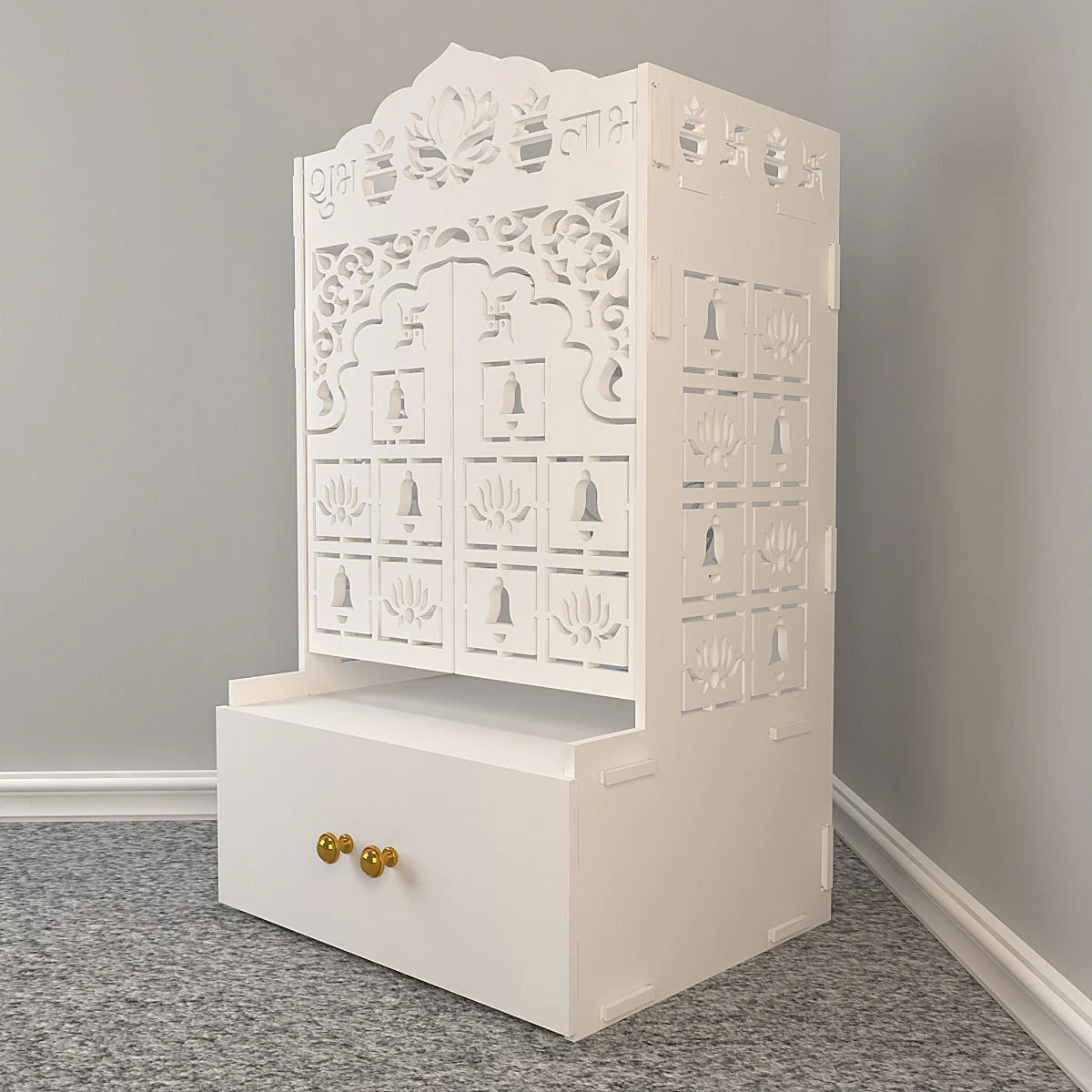 White Wooden Floor Pooja Mandir with Laser-Cut Lotus Om Design, Shubh Labh Motif, Bell Pattern Doors With Cabinet - Image 5