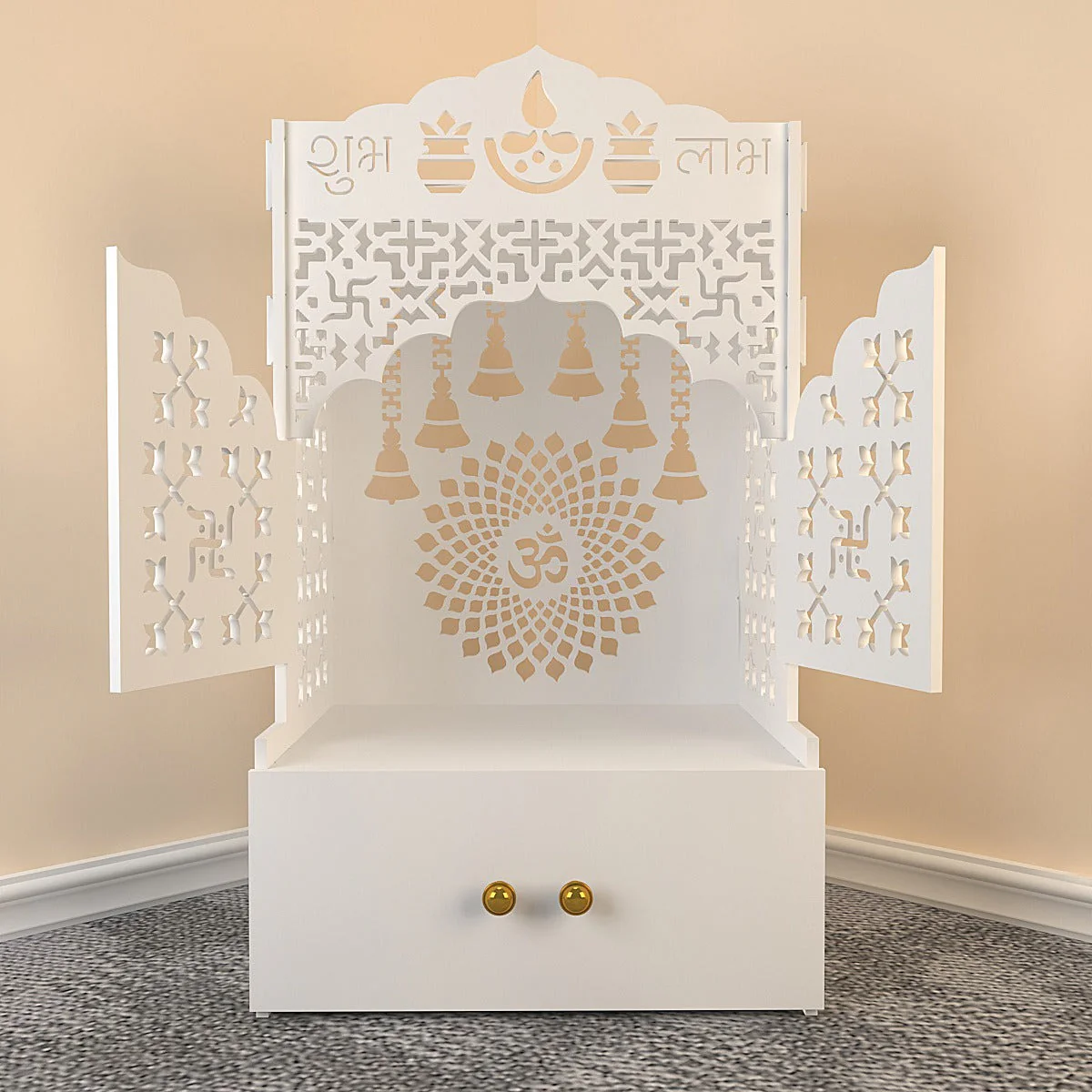 White Wooden Floor Pooja Mandir with Laser-Cut Om & Shubh Labh Motif Doors with Storage Cabinet - Image 2