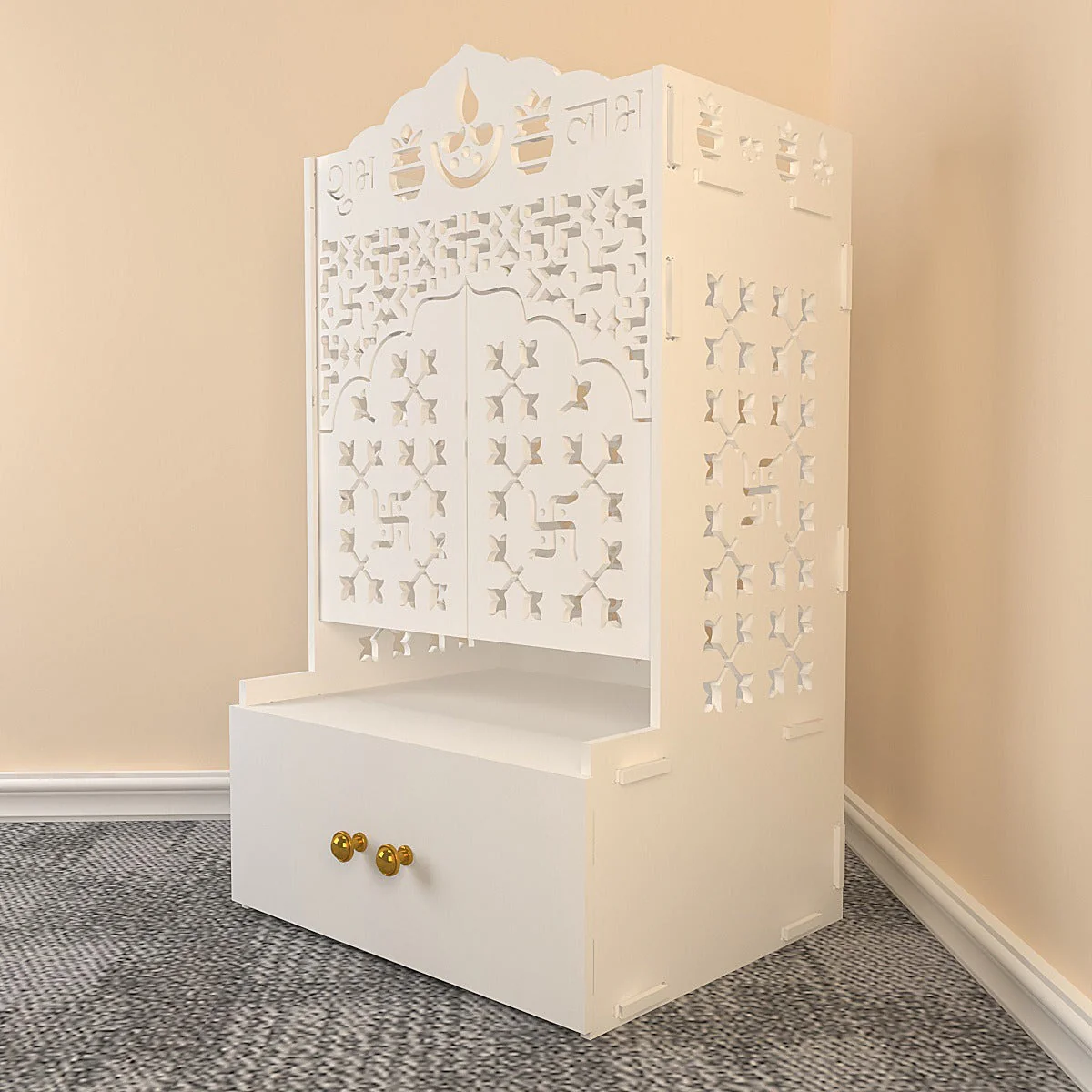 White Wooden Floor Pooja Mandir with Laser-Cut Om & Shubh Labh Motif Doors with Storage Cabinet - Image 3