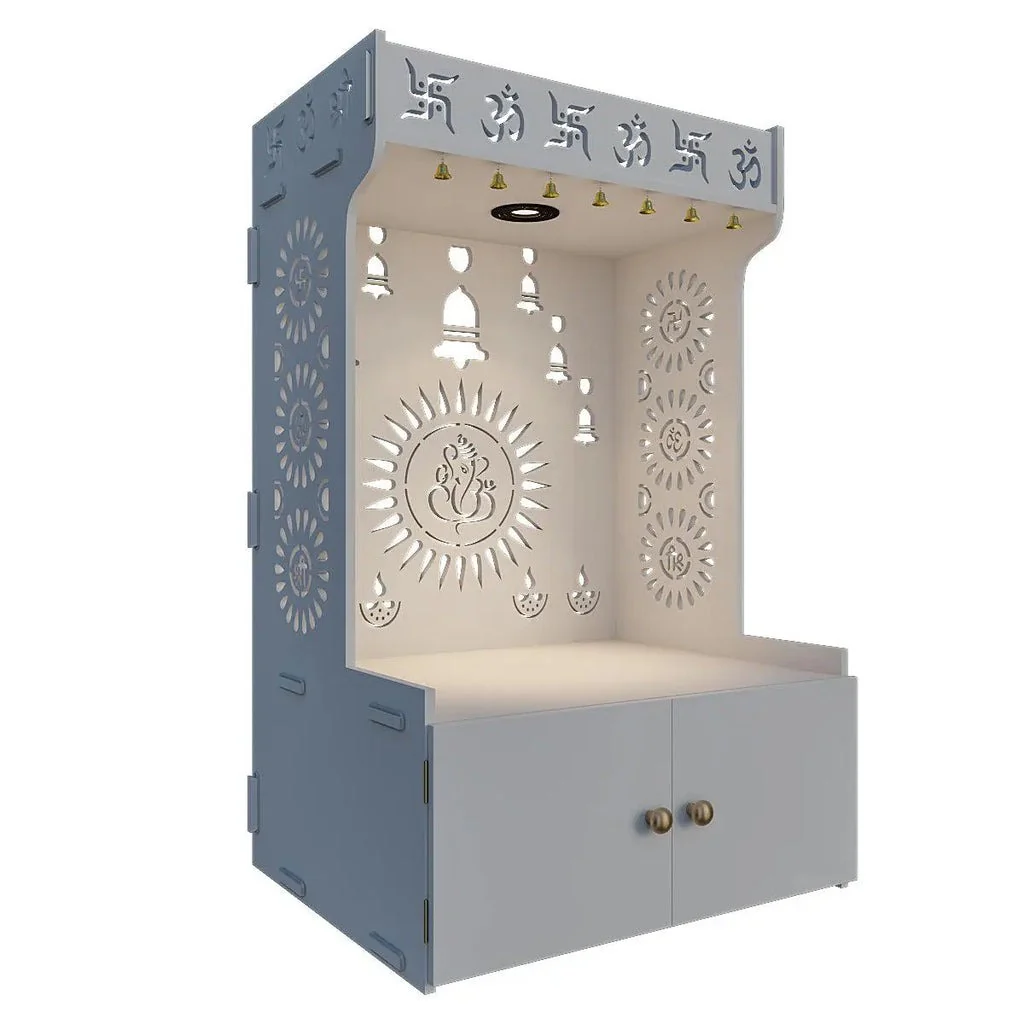 White Wooden Floor Pooja Mandir with Om & Swastik Design Ganesh Laser-Cut Back Panel Bell Motifs & Storage Cabinet - Image 5