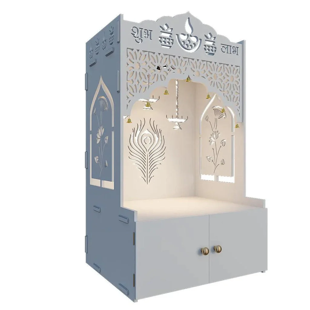 White Wooden Floor Pooja Mandir with Shubh Labh Design Floral & Peacock Feather Motifs Laser-Cut Panels & Storage Cabinet - Image 4