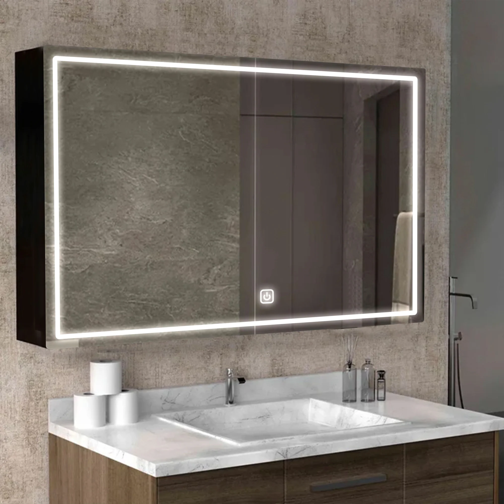 Wide Storage Mirror Cabinet with Built-in Lighting - Image 2