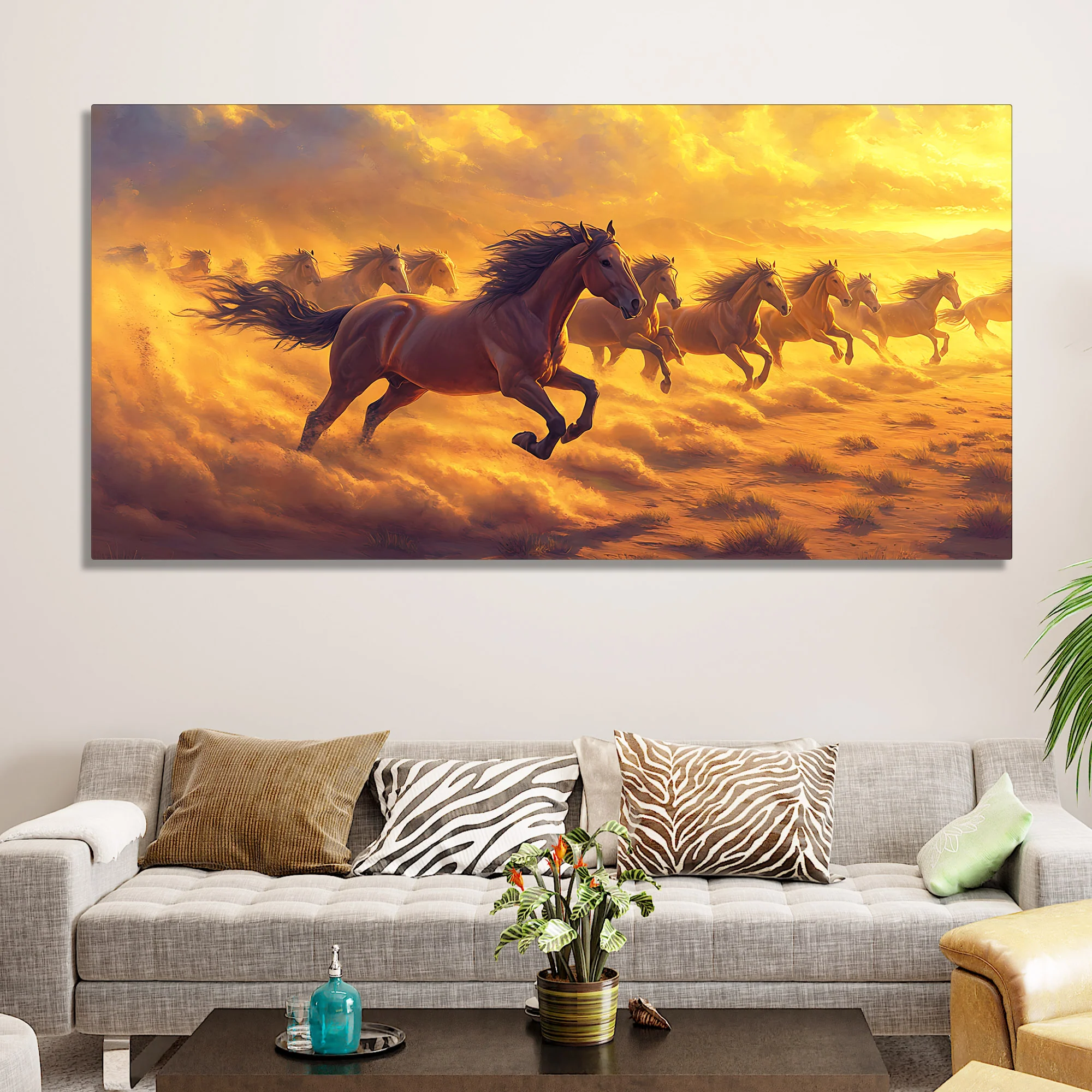 Wild Horses Running at Sunset Wooden Canvas Wall Painting - Image 2