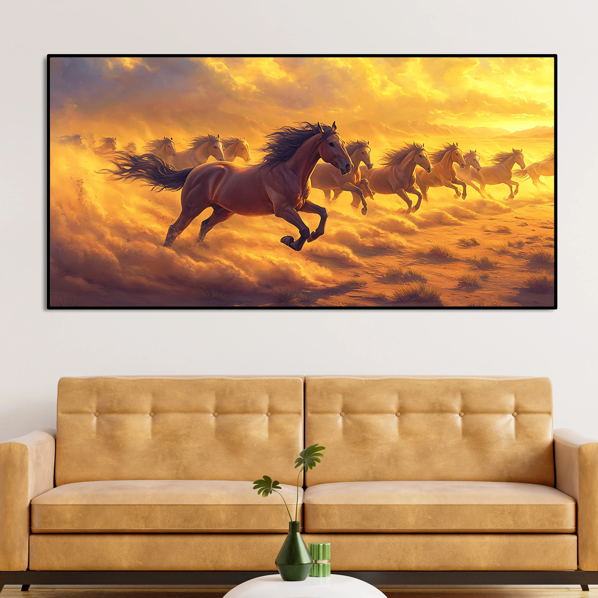 Wild Horses Running at Sunset Wooden Canvas Wall Painting - Image 3