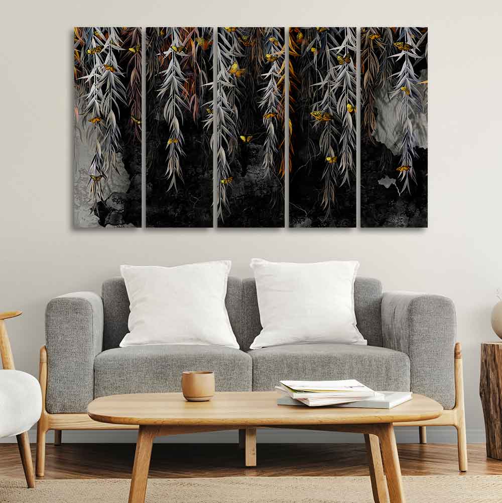 Willow Branches with Gold Butterflies Wall Painting of Five Pieces - Image 2