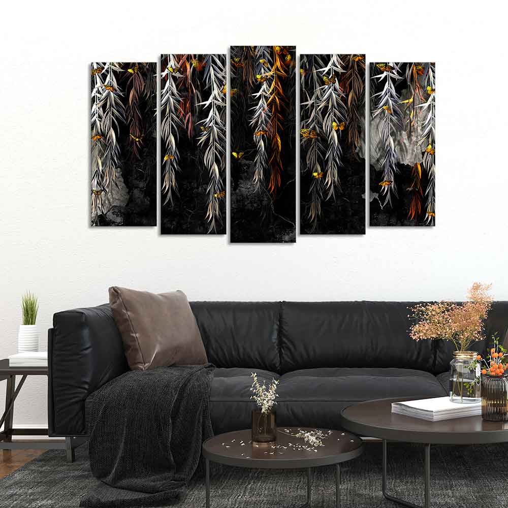 Willow Branches with Gold Butterflies Wall Painting Set of Five Pieces - Image 3