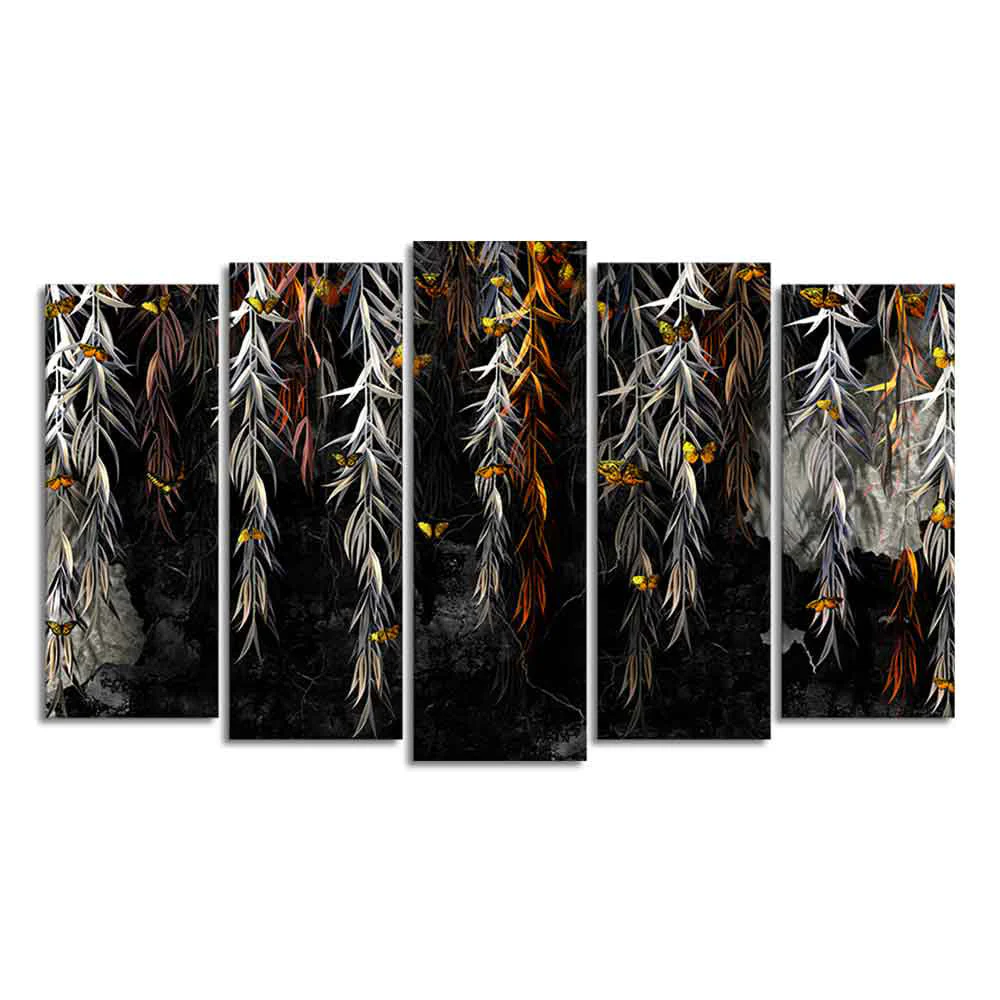 Willow Branches with Gold Butterflies Wall Painting Set of Five Pieces - Image 4