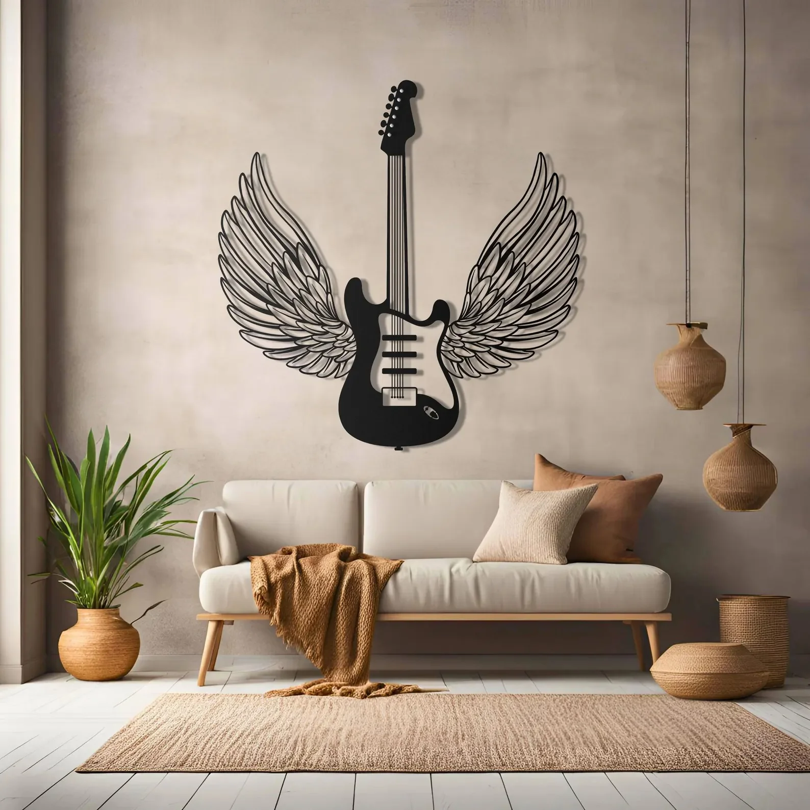 Winged Guitar Designed Metal Art Wall Decor - Image 3