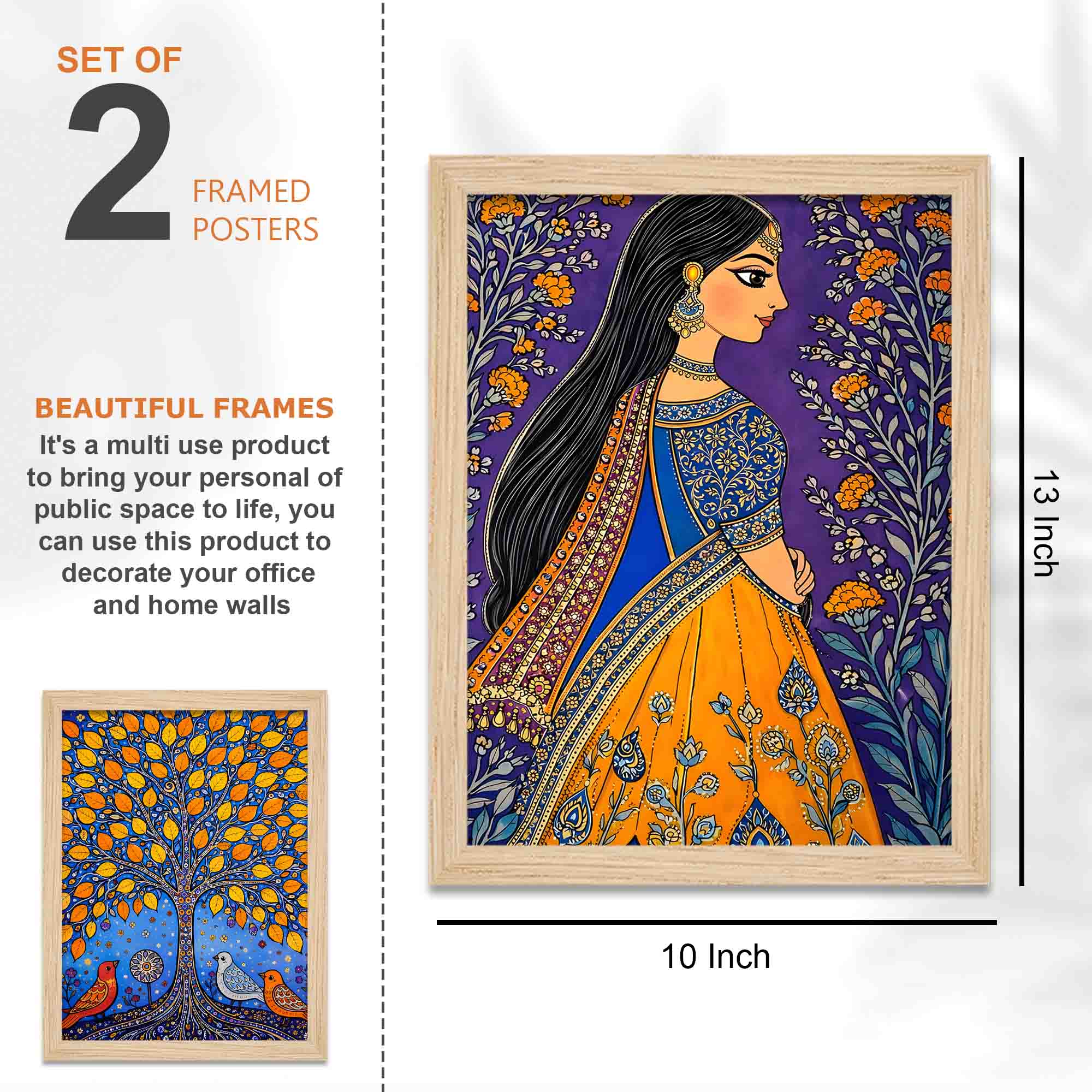 Woman & Tree of Life Indian Folk Art Wall Frame Set of Four - Image 3