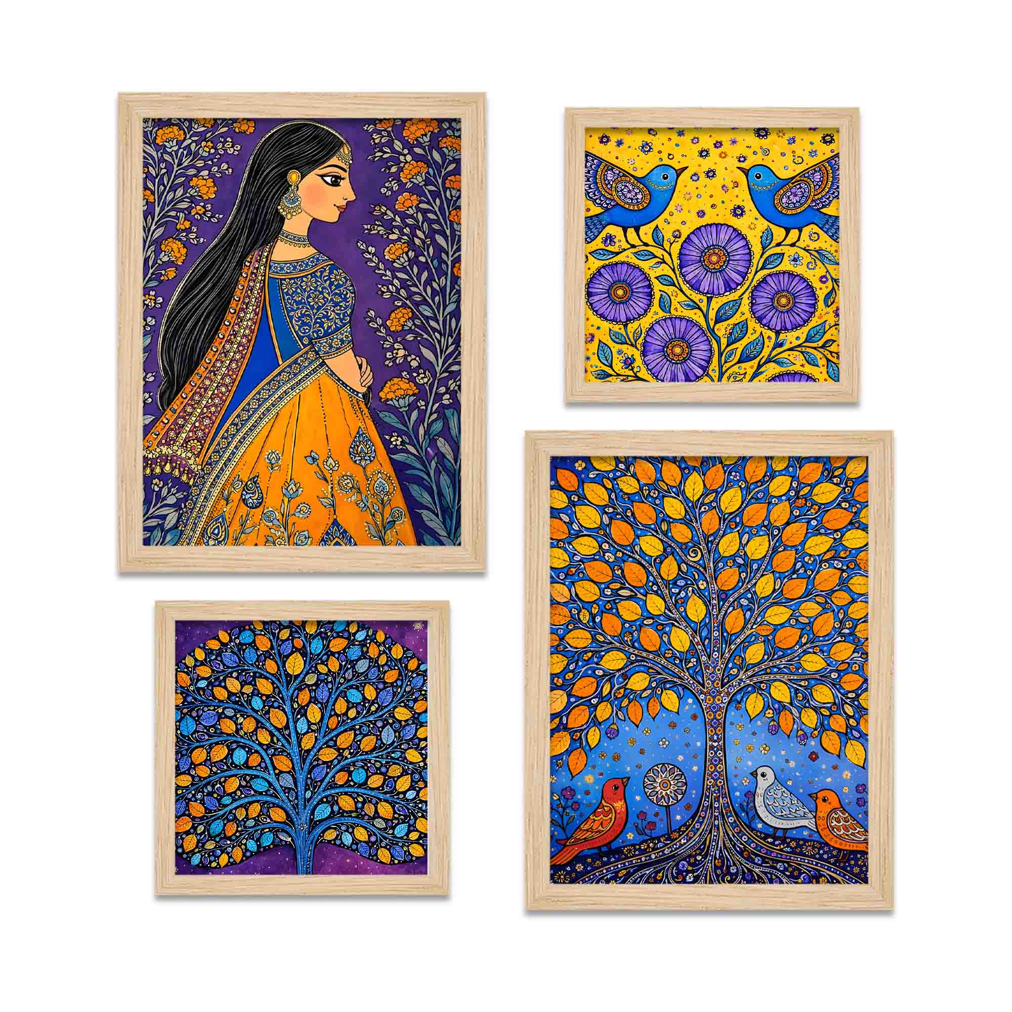 Woman & Tree of Life Indian Folk Art Wall Frame Set of Four - Image 5