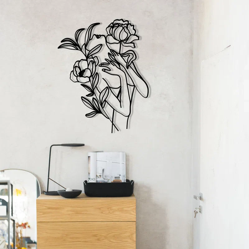 Woman With Flowers Silhouette Line Metal Art Wall Decor - Image 2