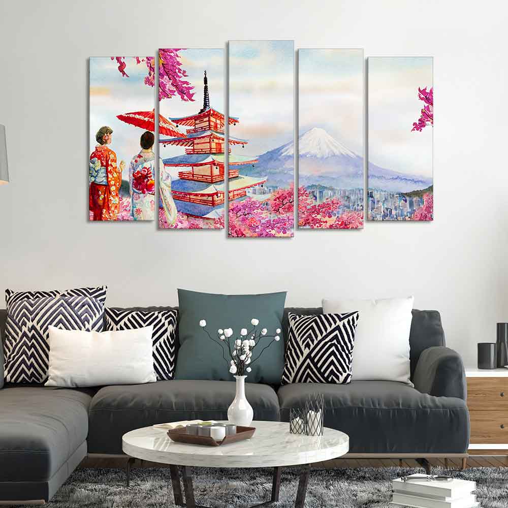 Women in Kimono Canvas Wall Painting Set of Five - Image 2