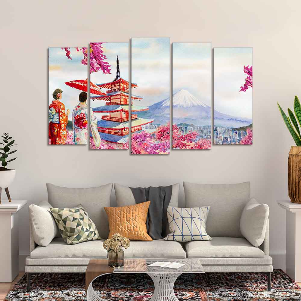 Women in Kimono Canvas Wall Painting Set of Five - Image 3