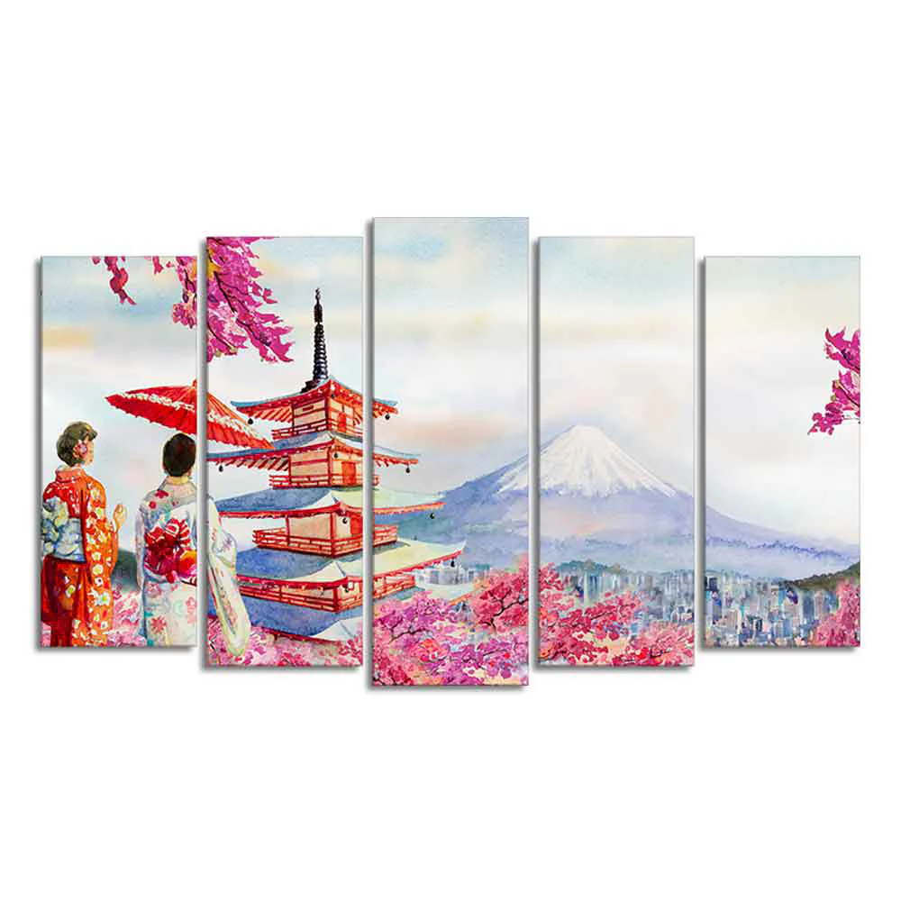 Women in Kimono Canvas Wall Painting Set of Five - Image 4