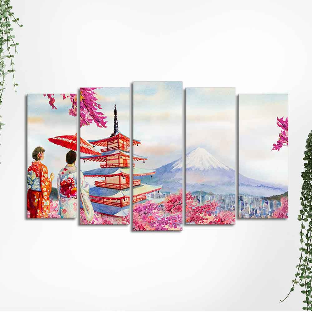 Women in Kimono Canvas Wall Painting Set of Five - Image 5
